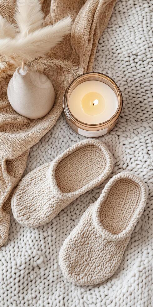 Cozy Hygge Scene with Knitted Slippers, Candle, and Textured Blanket for Relaxation photo
