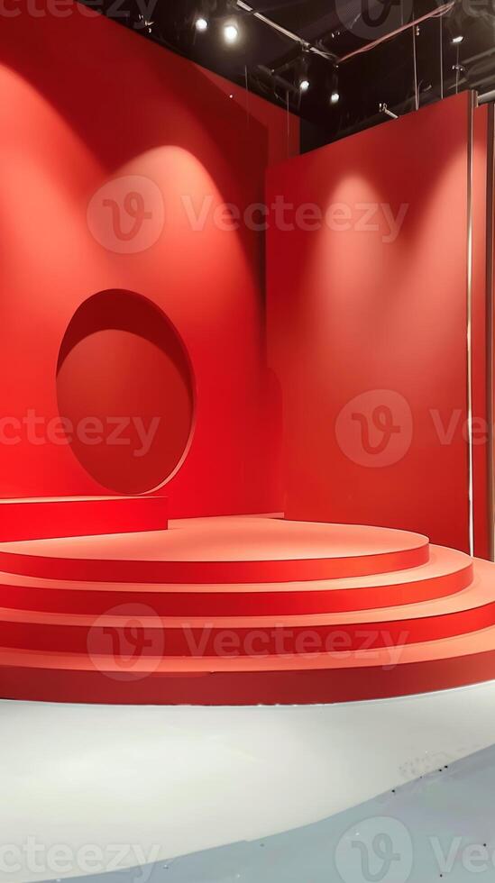 Modern Red Stage with Circular Cutout and Steps in a Studio Setting photo