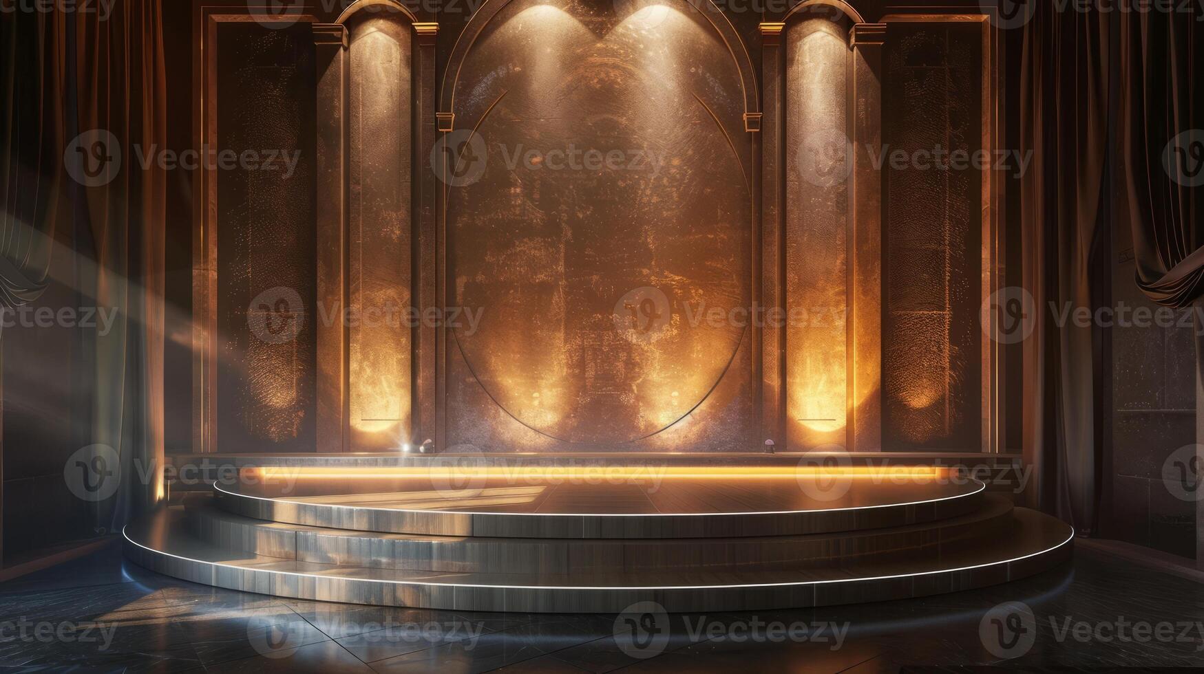 Elegant Empty Stage with Golden Lighting and Arched Backdrop photo