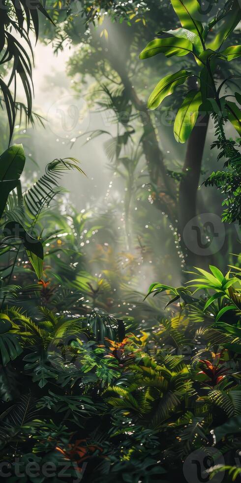 Rainforest with tall, verdant trees and exotic plants. photo