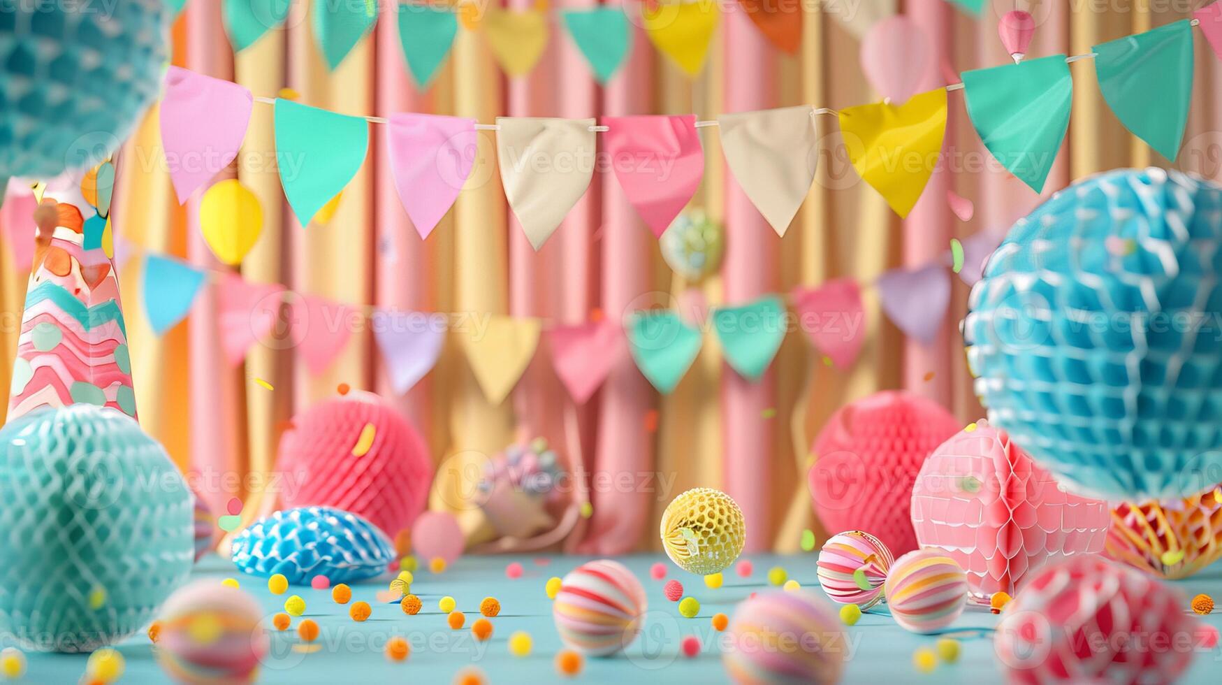 A colorful room with a pink and yellow curtain and a pink and blue tent photo