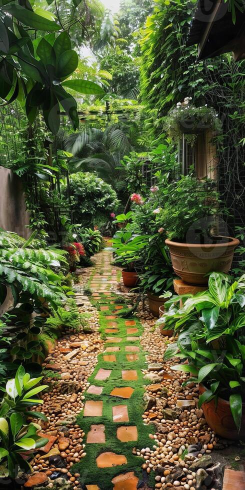 Lush Tropical Garden Pathway with Vibrant Greenery and Potted Plants photo