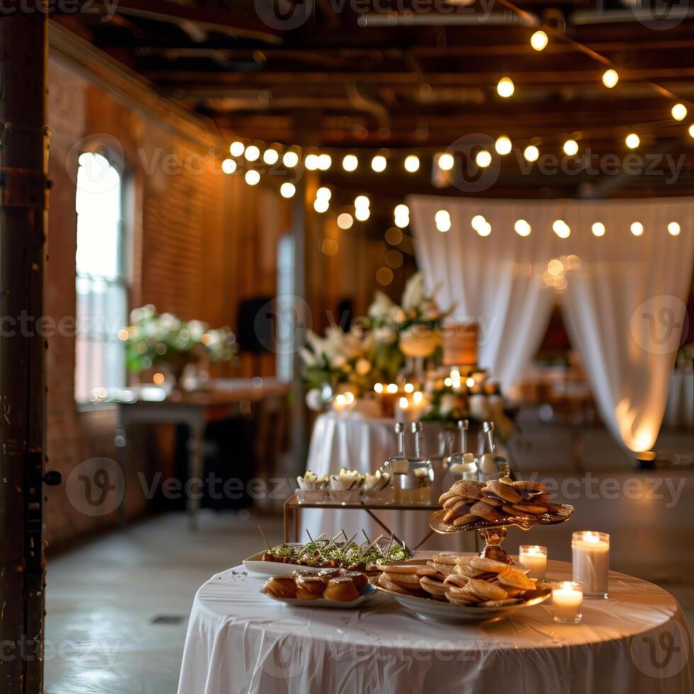A table with food and candles is set up in a large room photo