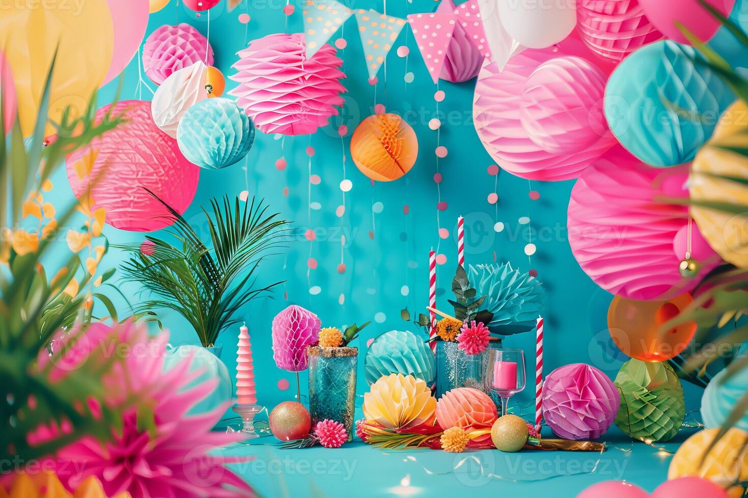 A colorful room with a blue background and lots of paper decorations photo