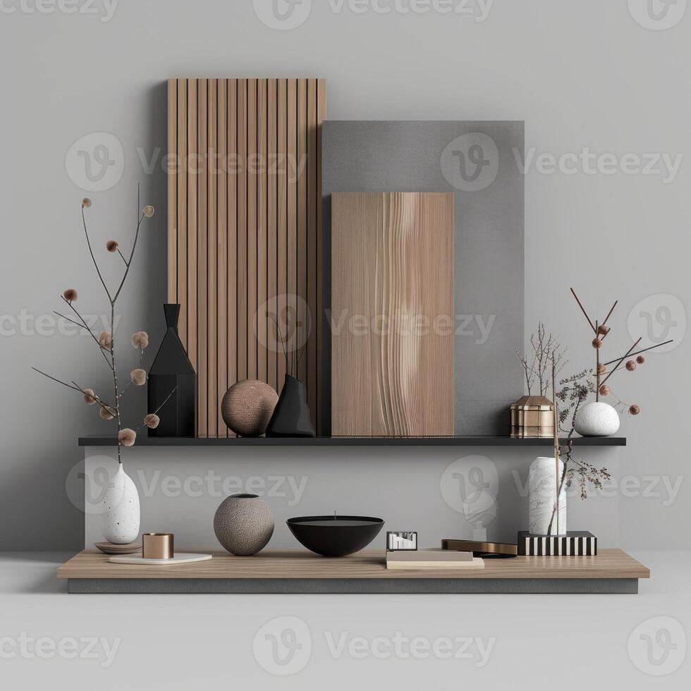 Modern Minimalist Interior Design with Stylish Shelving and Decorative Elements photo