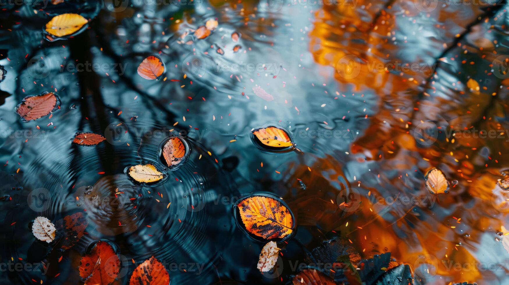 A pond with leaves floating on the surface photo