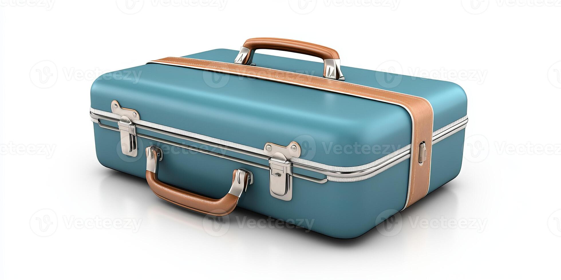Vintage Blue Suitcase with Brown Leather Accents on White Background photo