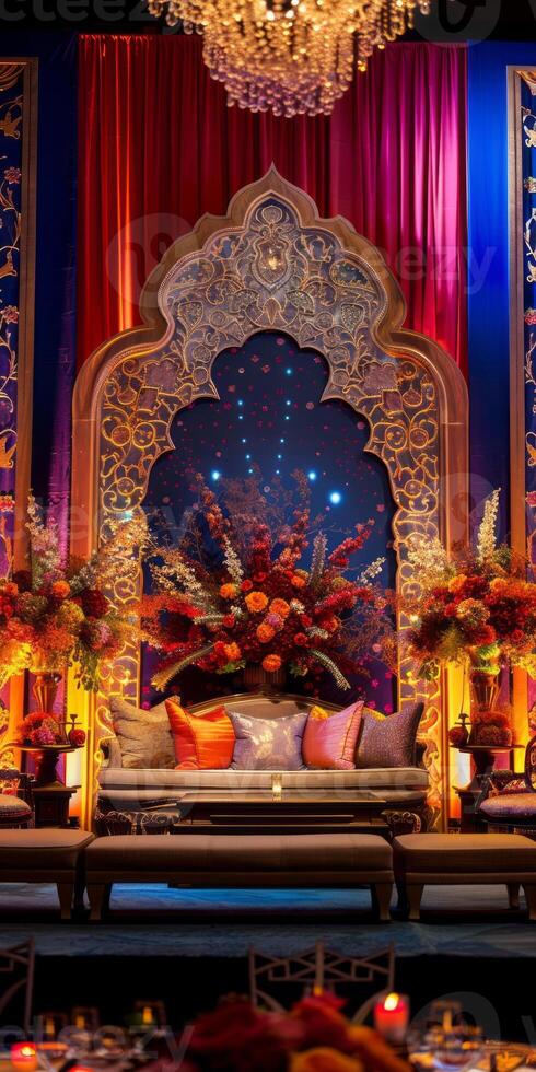 Luxurious Arabian Nights Themed Event Decor with Ornate Archway photo