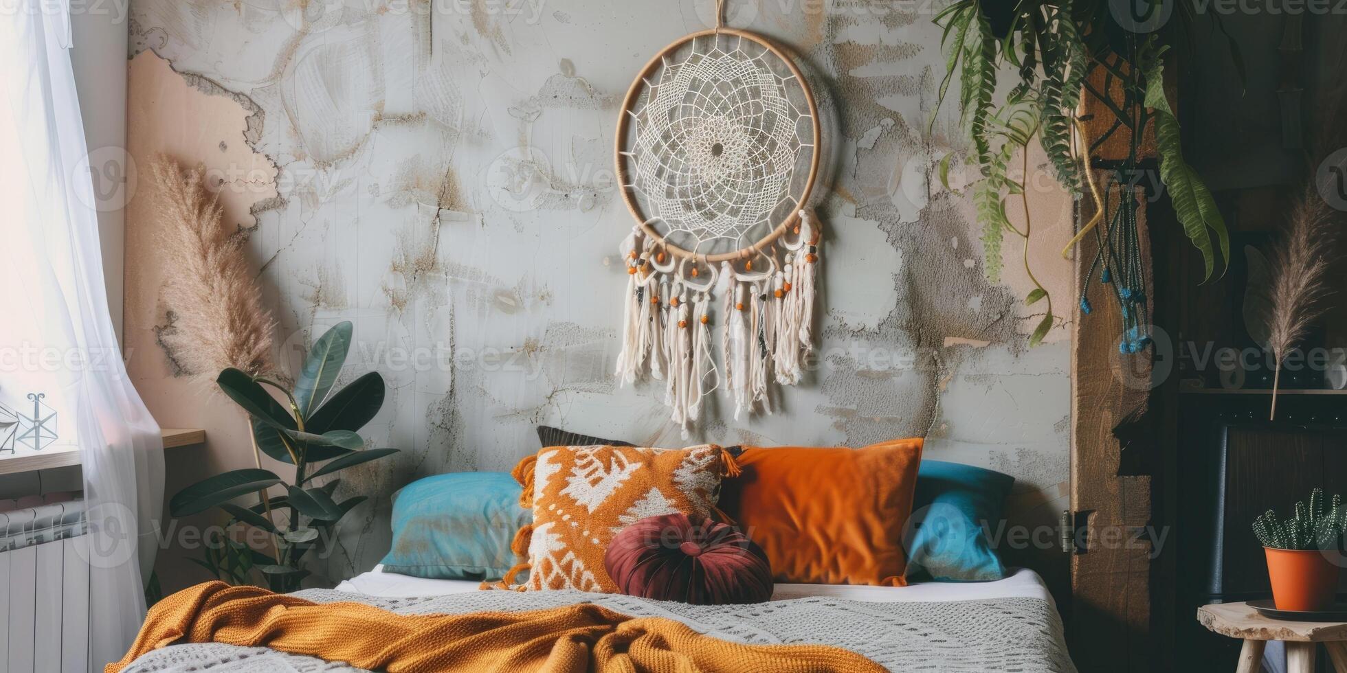 Boho-chic dreamcatcher wall hanging on a wall backdrop photo