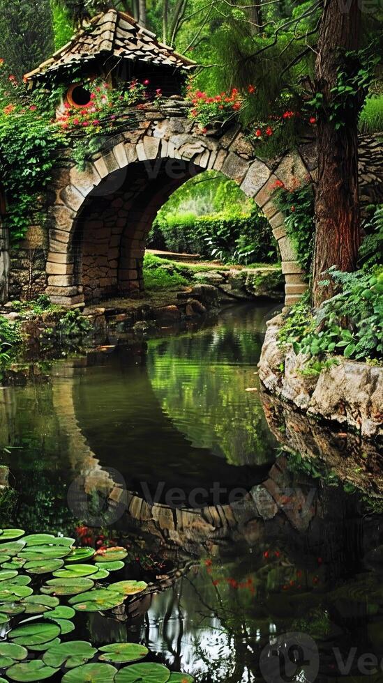 Rustic Stone Bridge Over Tranquil Pond in Lush Green Garden photo