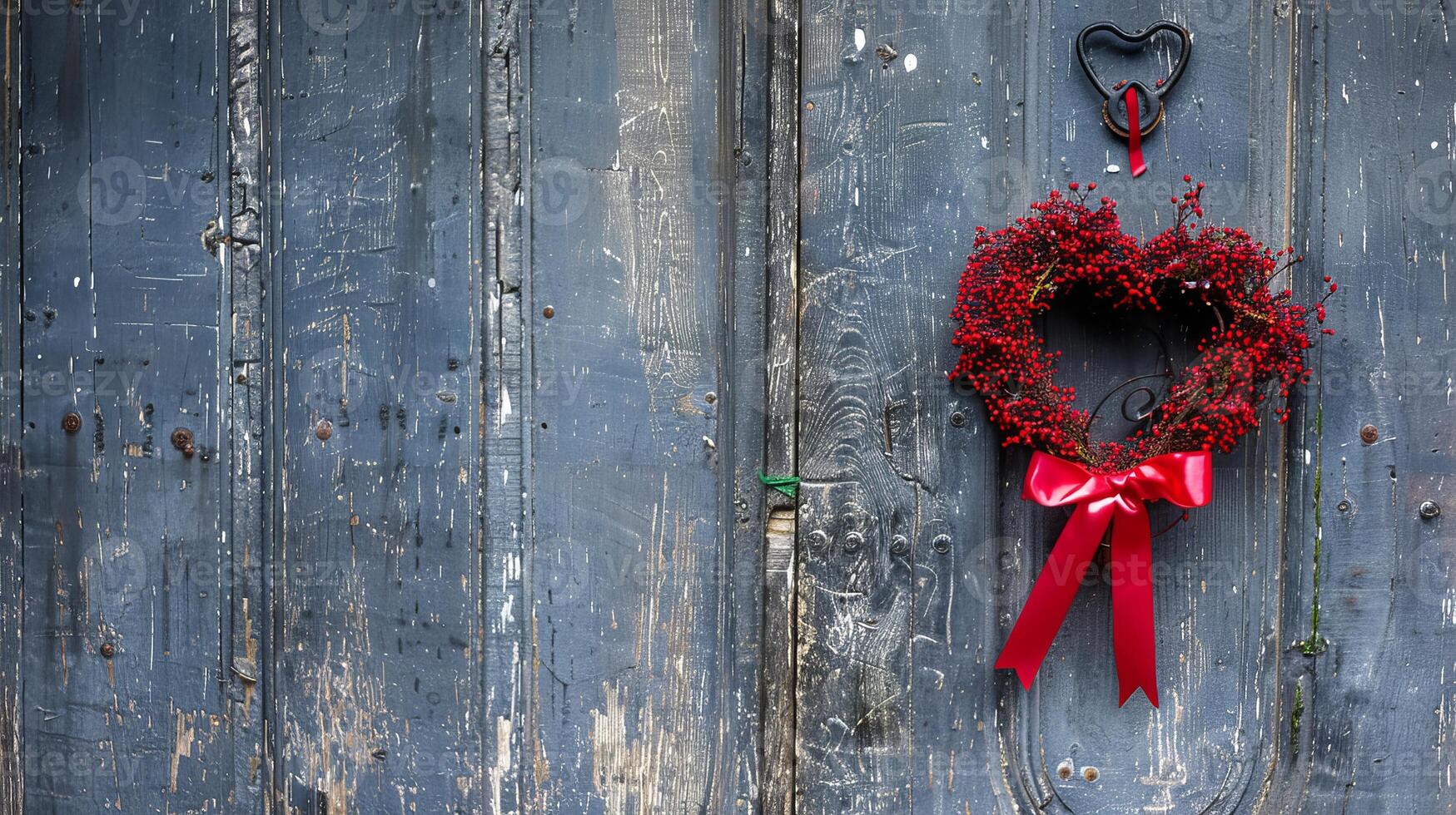Heart-shaped wreath and red ribbon on a door for Valentine's Day welcome. photo