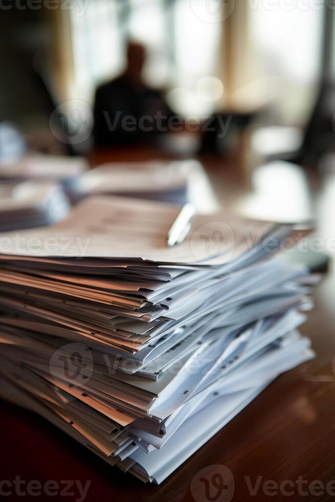 Stack of Documents on Office Desk with Pen in Sunlit Room photo