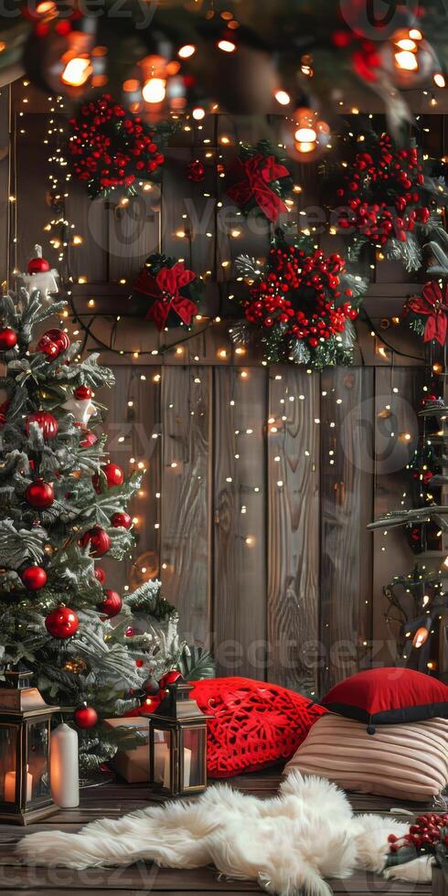 A Christmas tree with red and white ornaments sits in front of a wooden wall photo