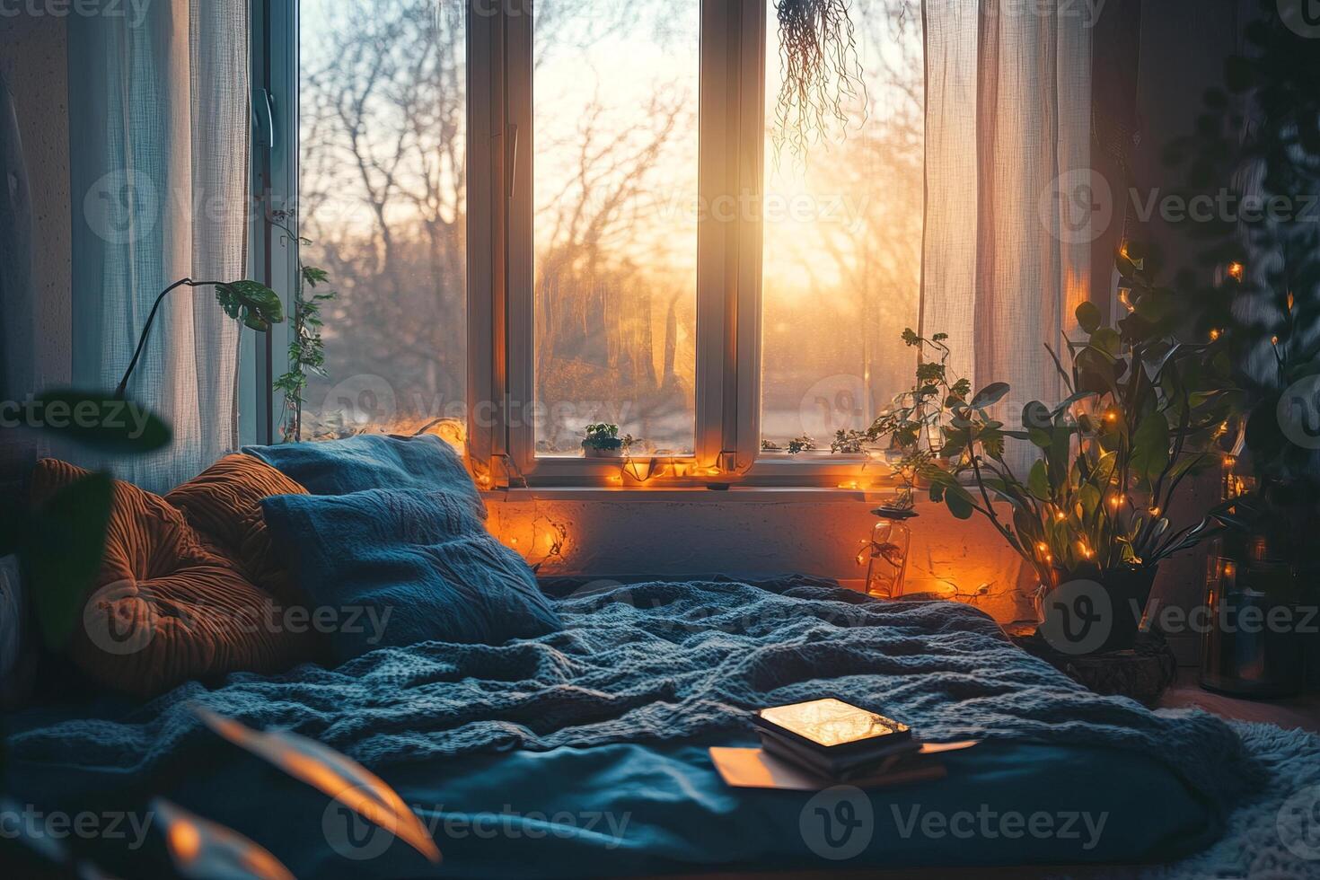 A cozy bedroom with a window that lets in the sunlight photo