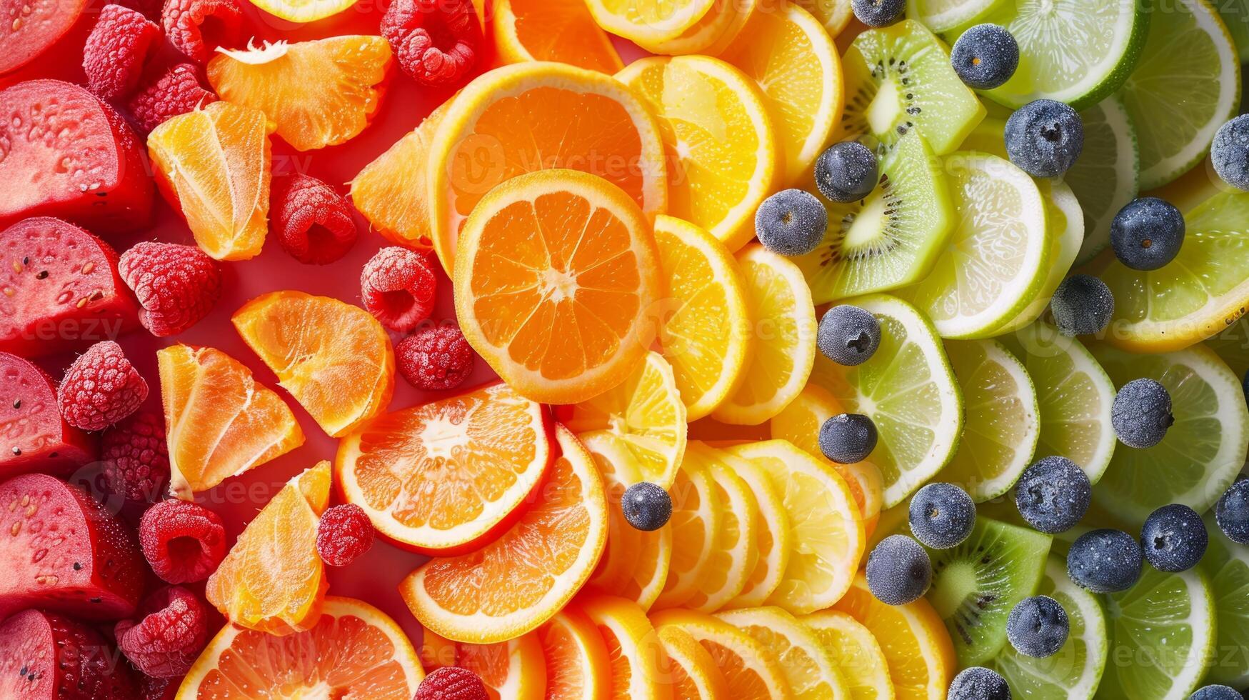 Directly above shot of sliced summer fruits arranged in a rainbow pattern photo