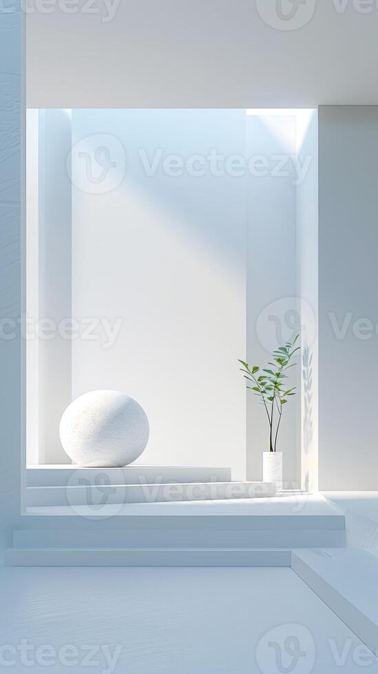 Minimalist Interior with White Geometric Shapes and Green Plant photo
