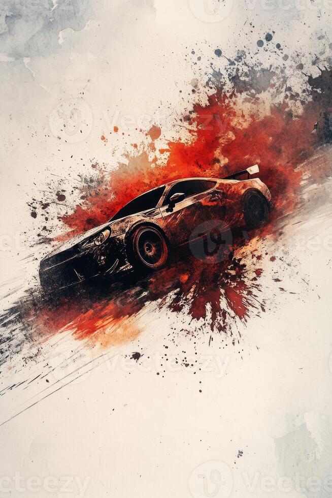 Dynamic Abstract Art of a Racing Car in Motion with Vibrant Red and Black Splashes photo