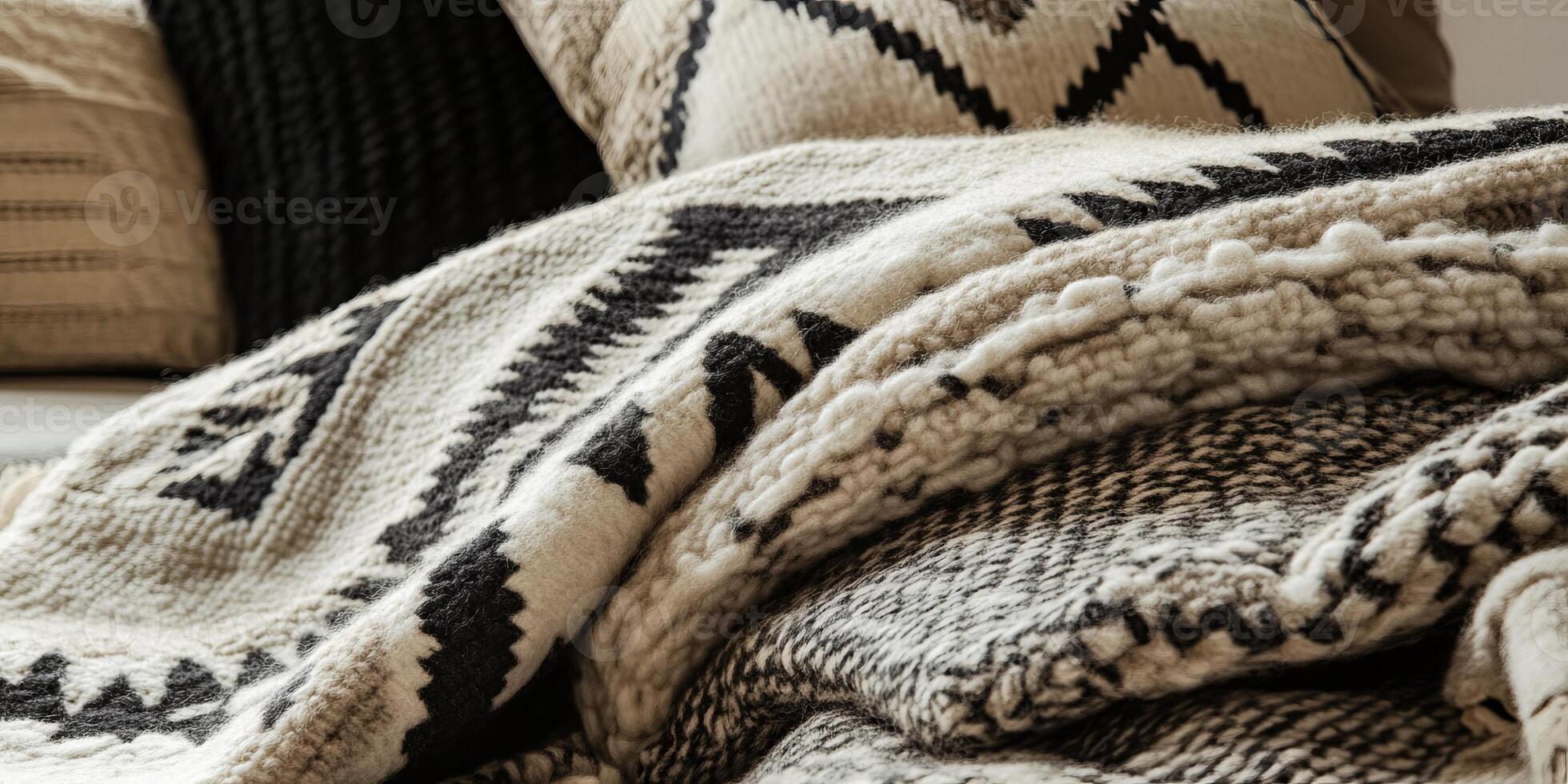 A blanket with a black and white design is piled on top of another blanket photo