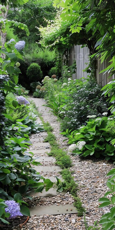Serene Garden Pathway with Lush Greenery and Blooming Flowers photo