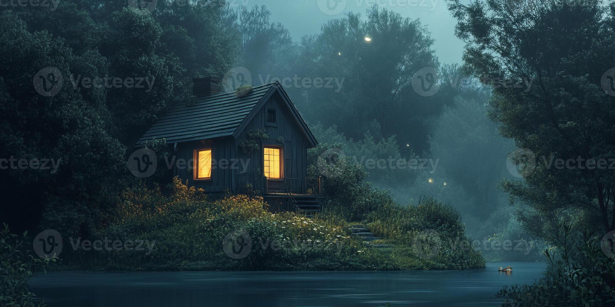 A small cabin is surrounded by trees and a river photo