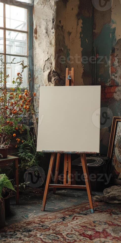 A white canvas is propped up on a wooden easel photo
