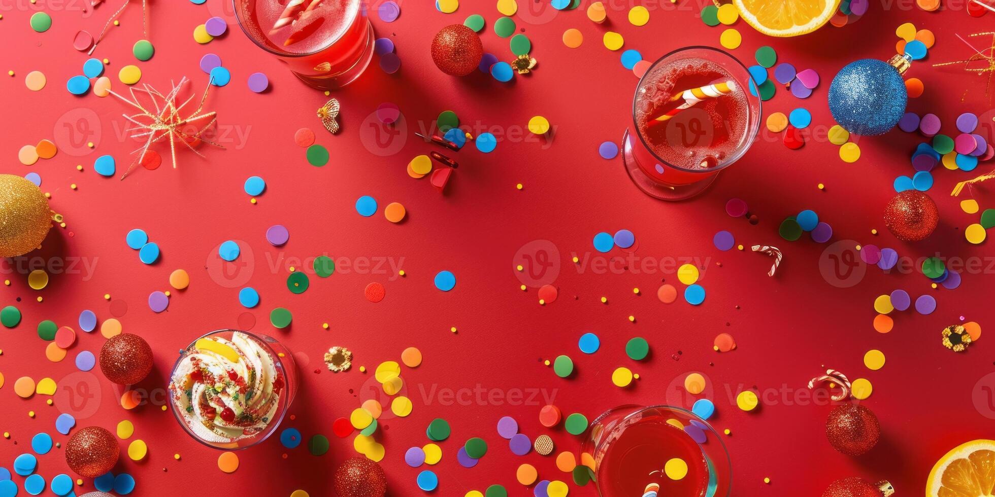 Festive Celebration Background with Colorful Confetti, Drinks photo