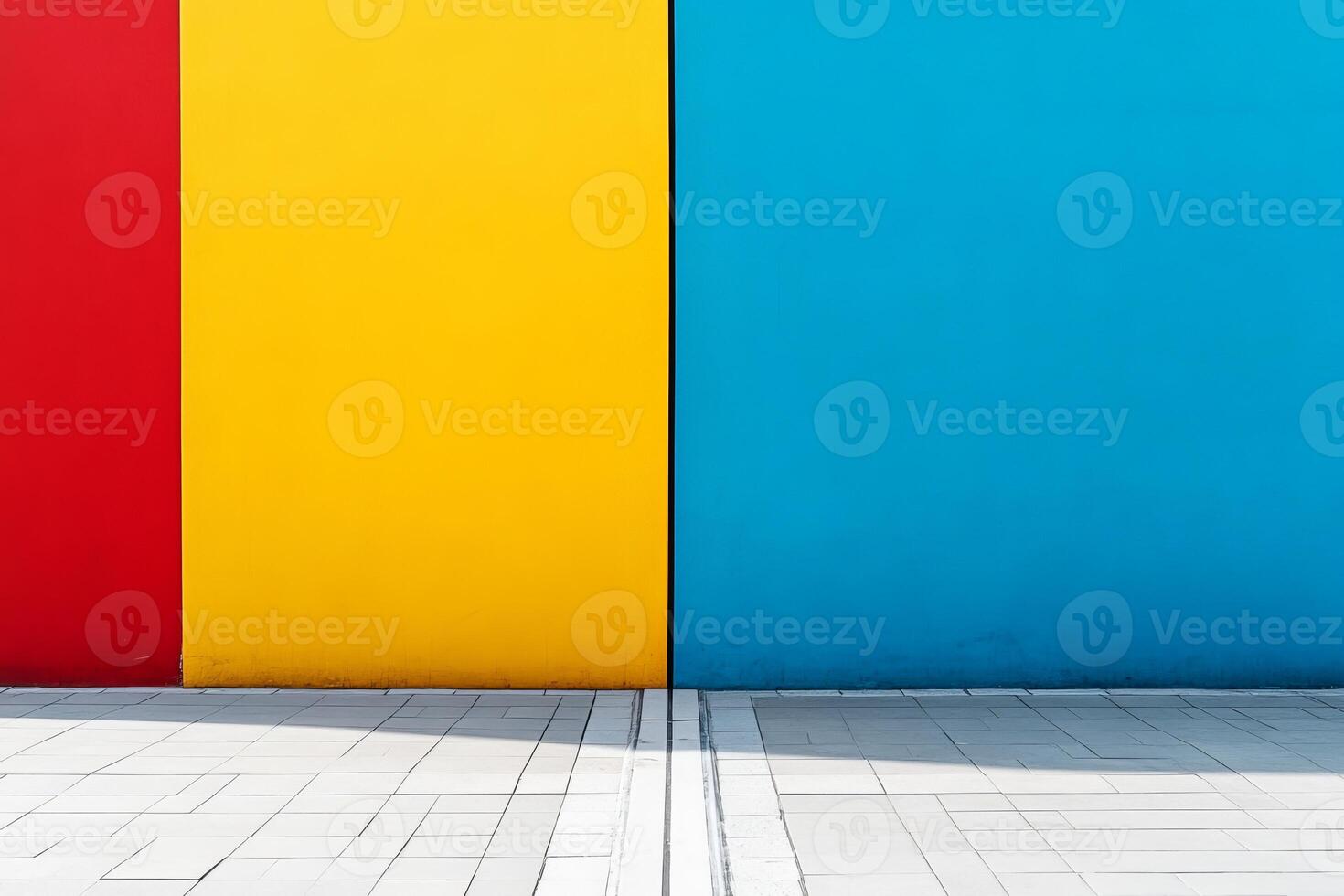 Vibrant Minimalist Wall with Red, Yellow, and Blue Panels in Urban Setting photo