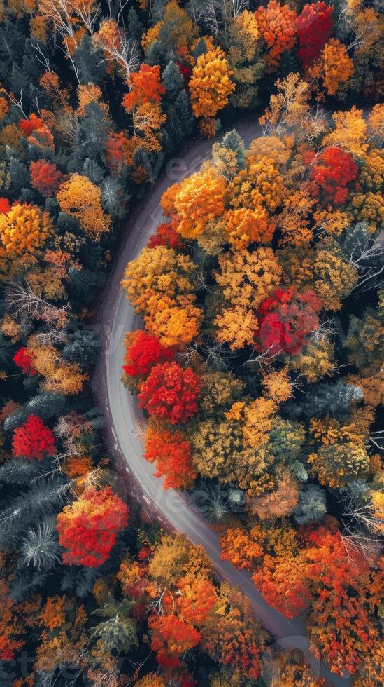 Stunning Aerial View of a Winding Road Through Vibrant Autumn Forest photo