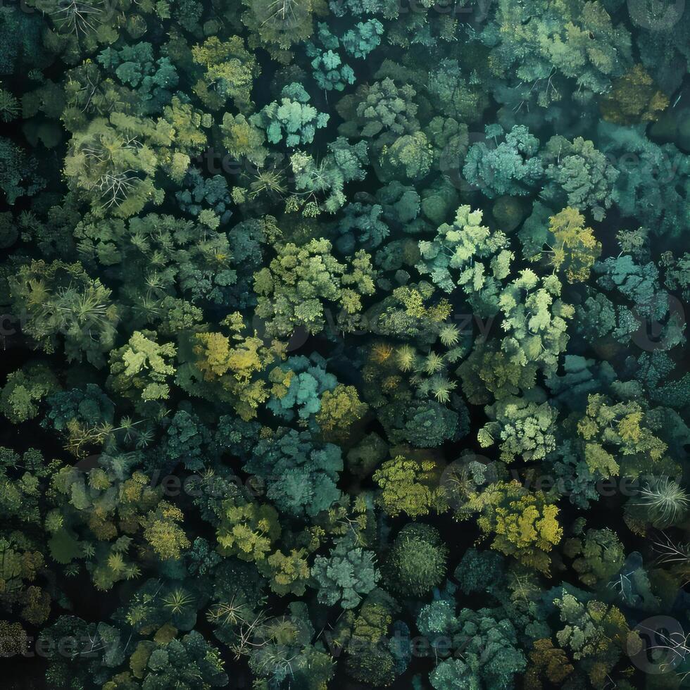 Bird eye view of dense forest. photo