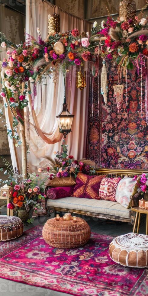 Boho-glam display stage decorated with bohemian accents photo