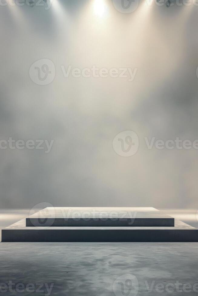 Minimalist Empty Stage with Dramatic Lighting and Fog in a Modern Studio Setting photo