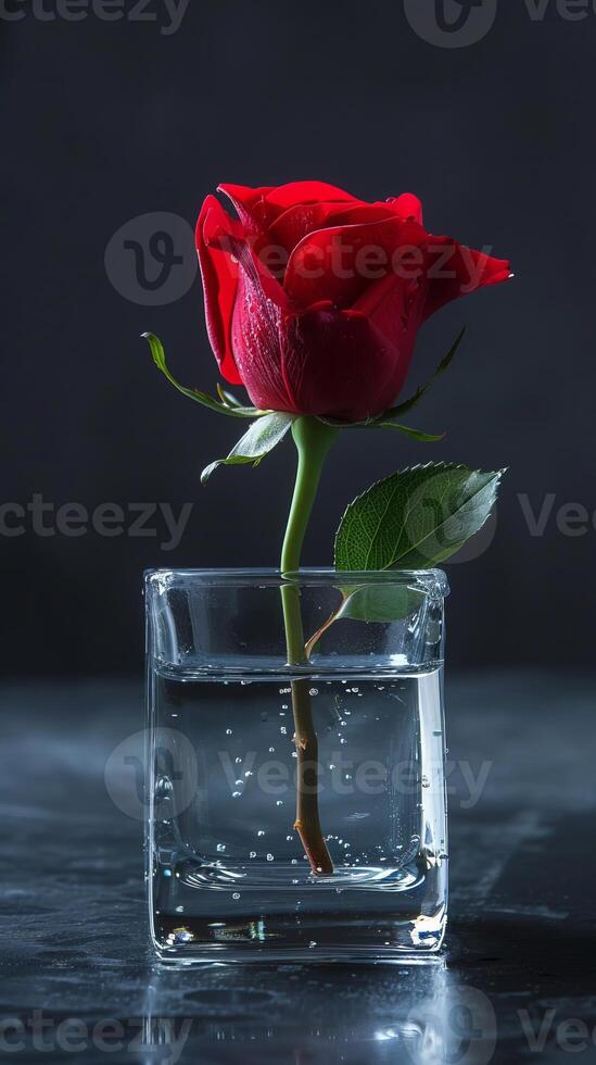 Clean and sleek composition of a single red rosebud in a glass vase photo