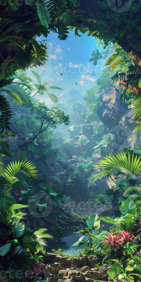 Conceptual jungle scene with unique perspective. photo