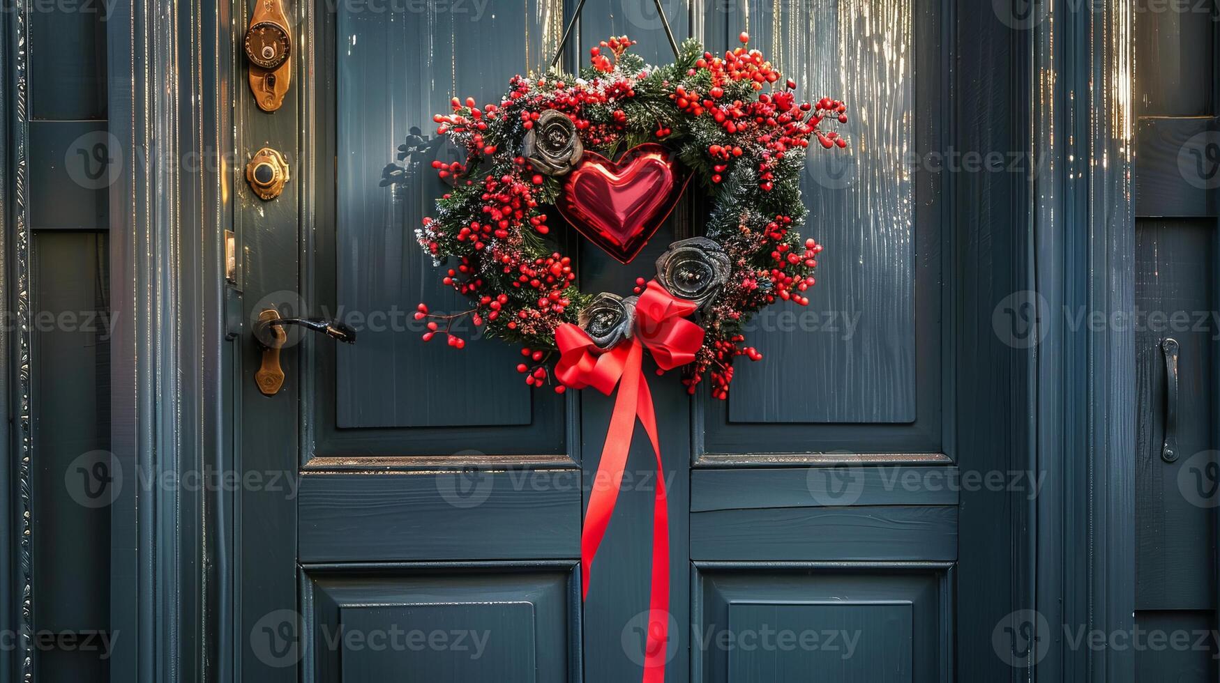 Heart-shaped wreath and red ribbon on a door for Valentine's Day welcome. photo
