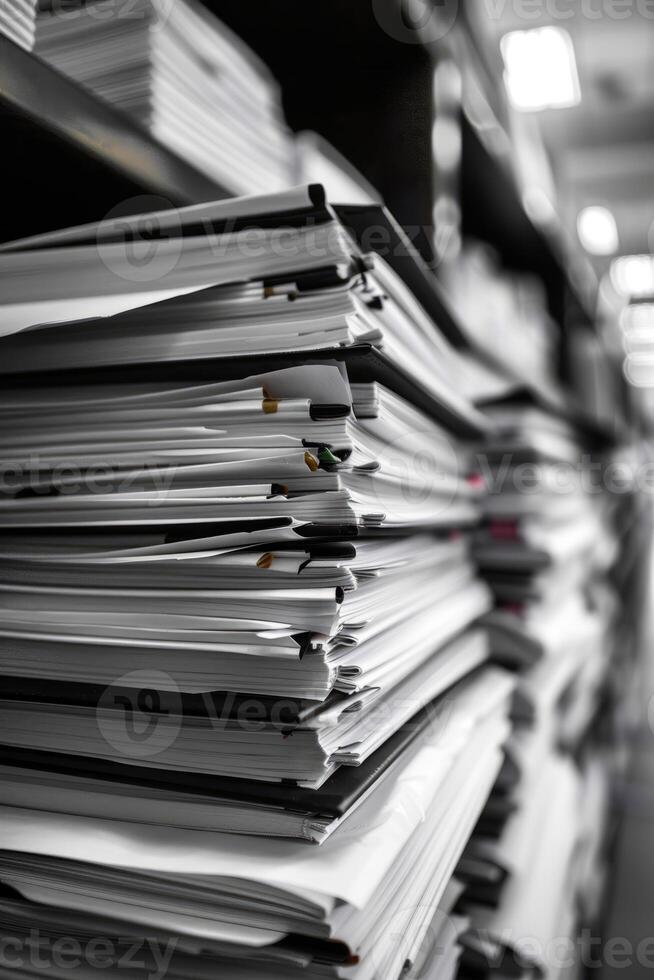 Large Stack of Documents and Folders in Office Storage Room with Shallow Depth of Field photo