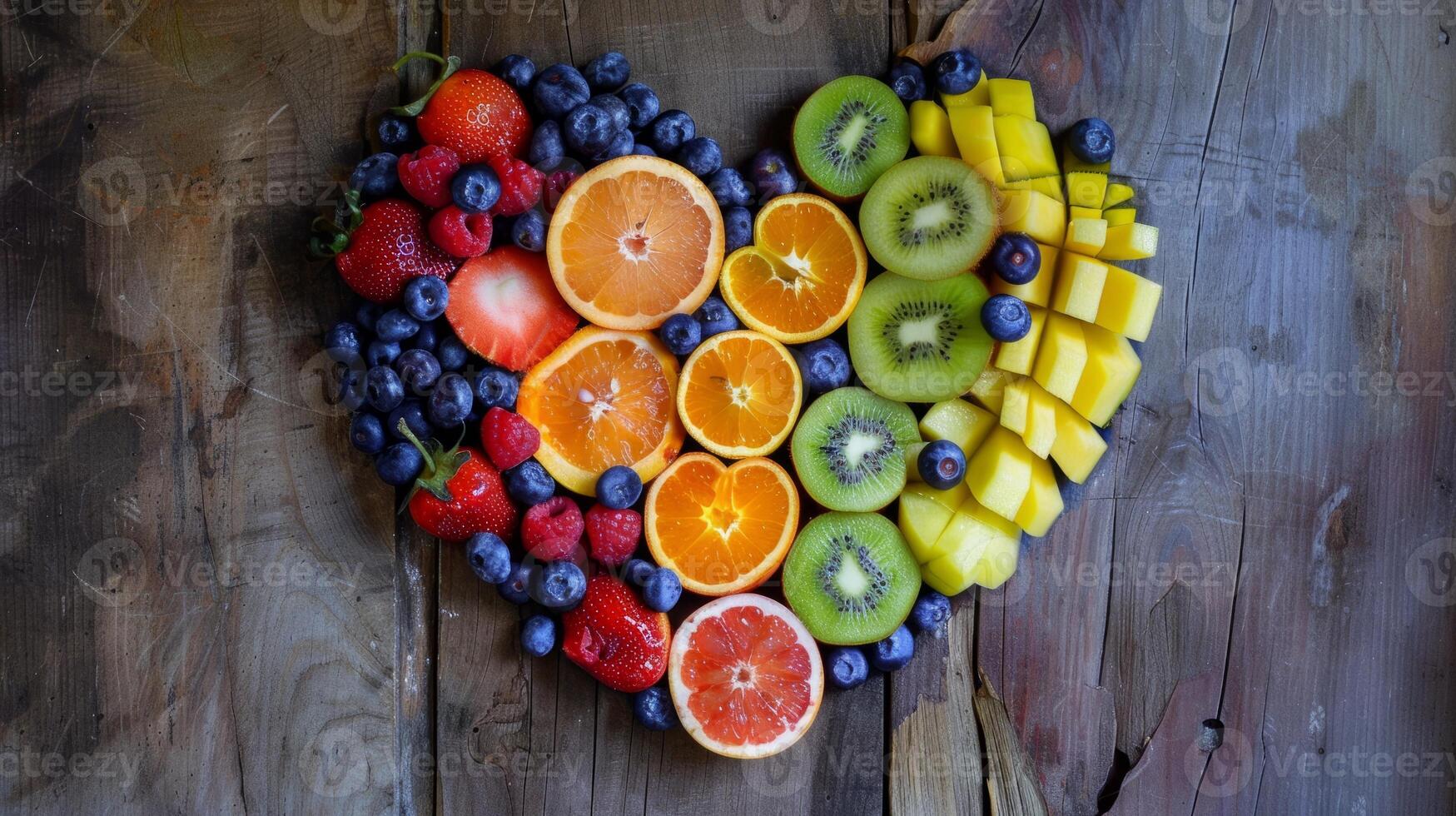 Directly above shot of sliced summer fruits arranged in a heart shape photo