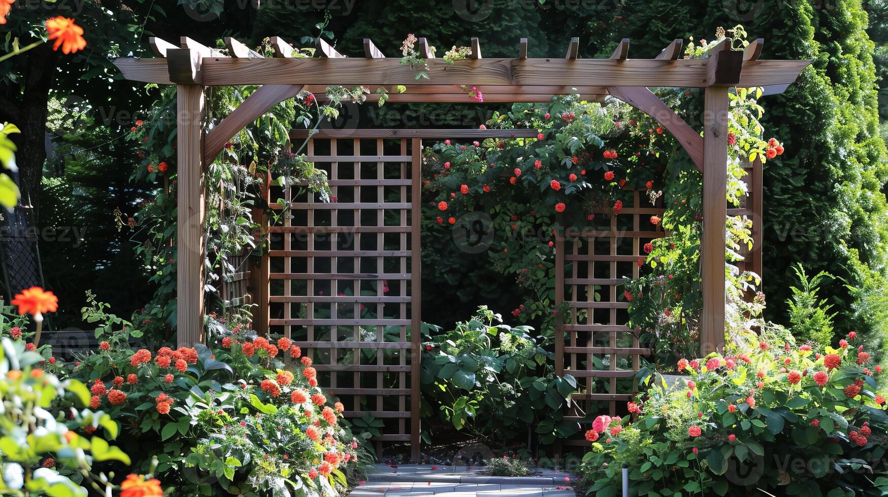 Beautiful Wooden Garden Arbor with Lush Greenery and Vibrant Red Flowers photo