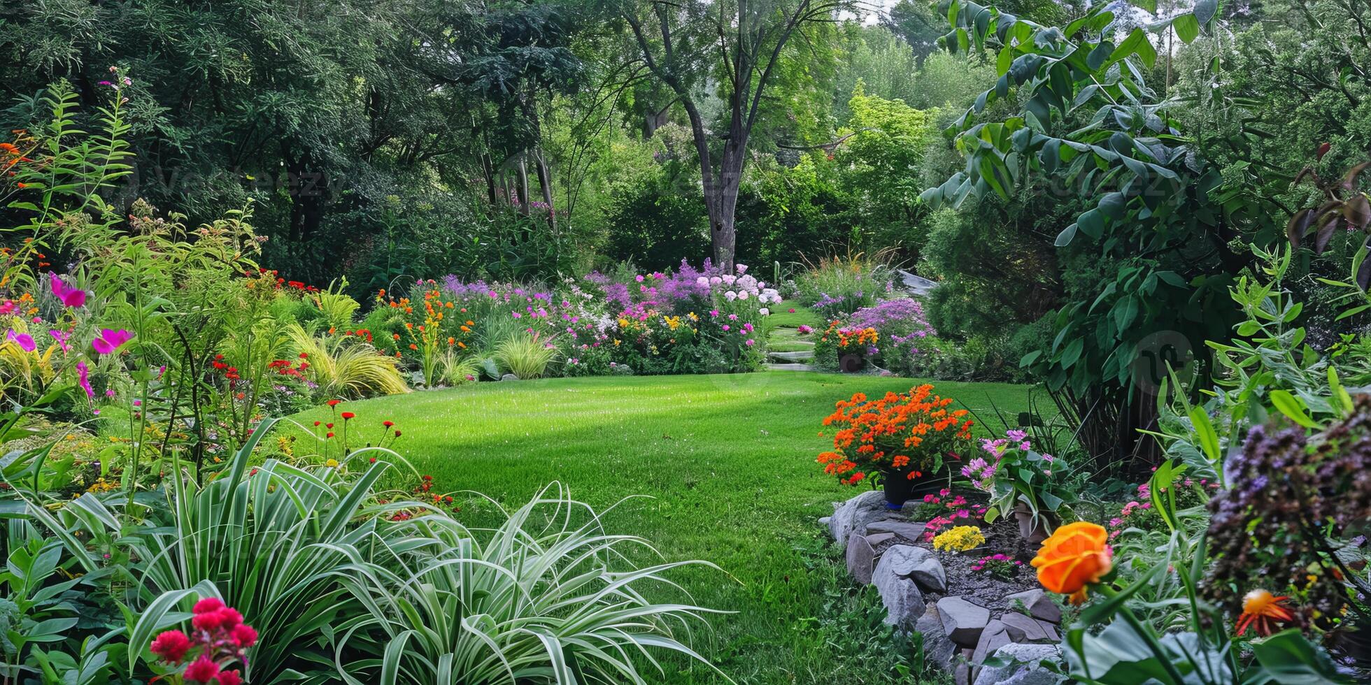 Lush Green Garden with Colorful Flowers and Pathway in a Serene Natural Setting photo