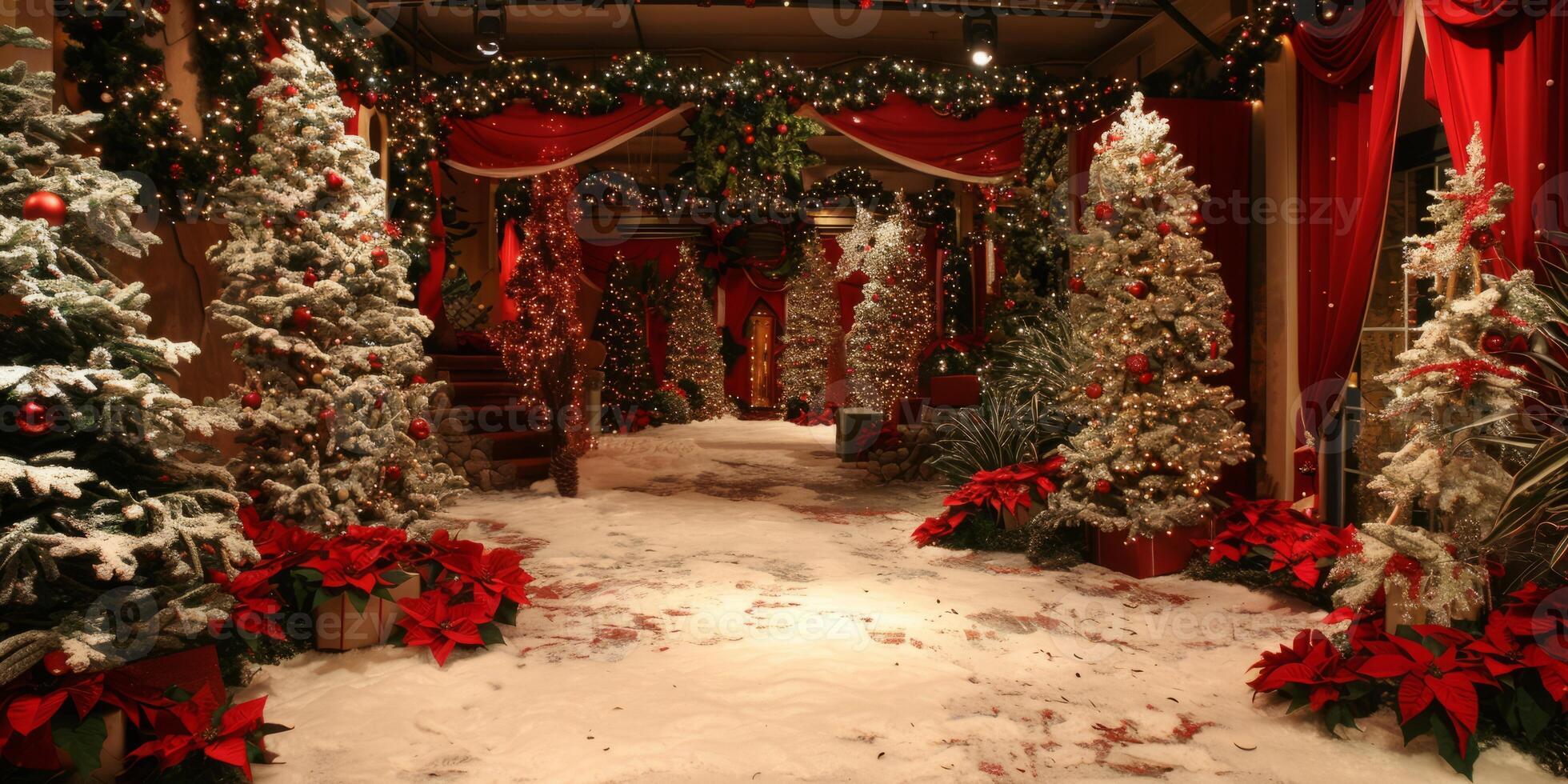 A large room with many trees and a red curtain photo