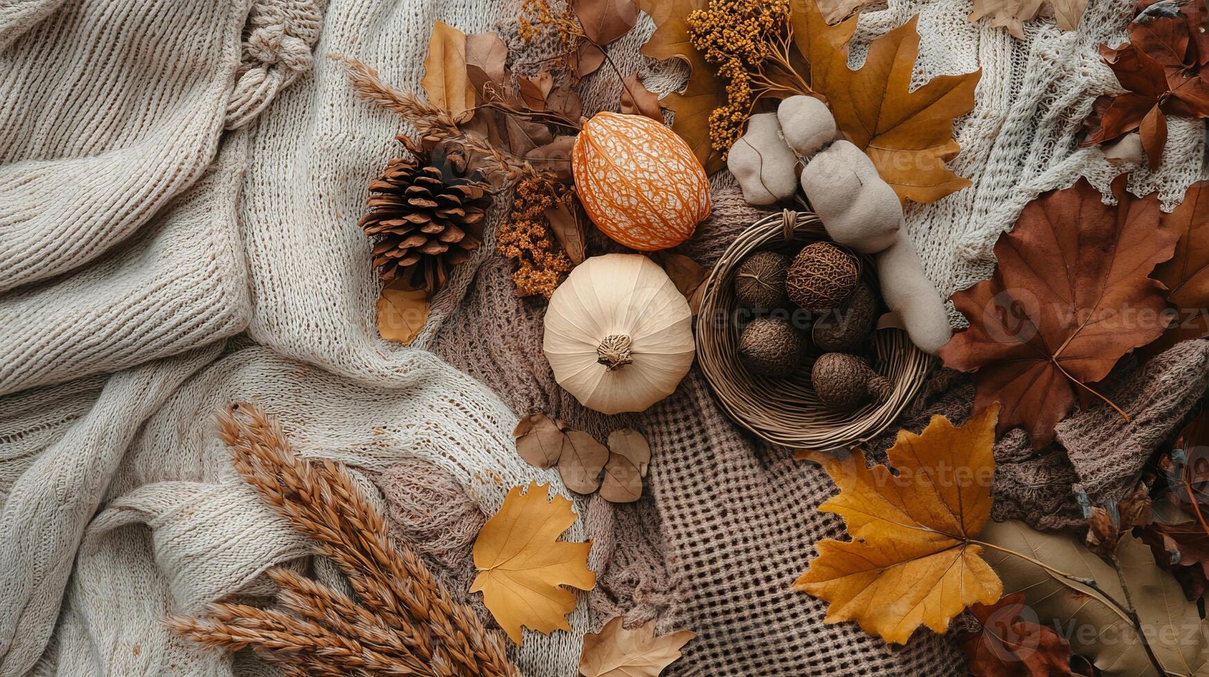 A basket of pumpkins and squash sits on a blanket of leaves photo
