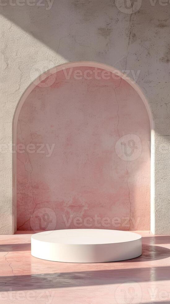 A minimalist scene featuring a pink and white archway with a round platform photo