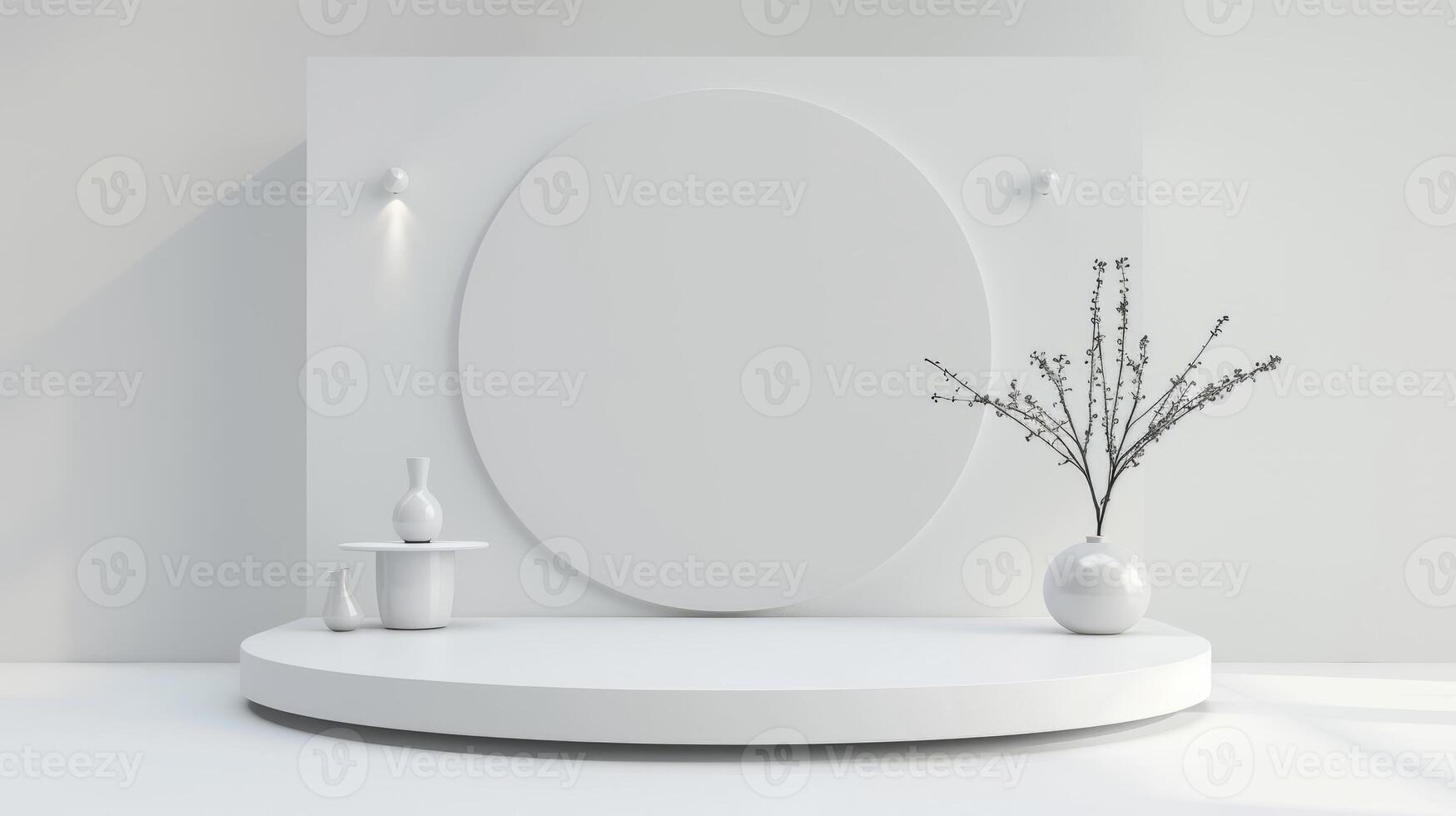 Minimalist White Interior Design with Round Platform and Vases photo
