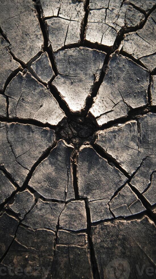 Close-Up of Weathered Tree Stump with Cracked Rings and Textured Surface in Natural Sunlight photo