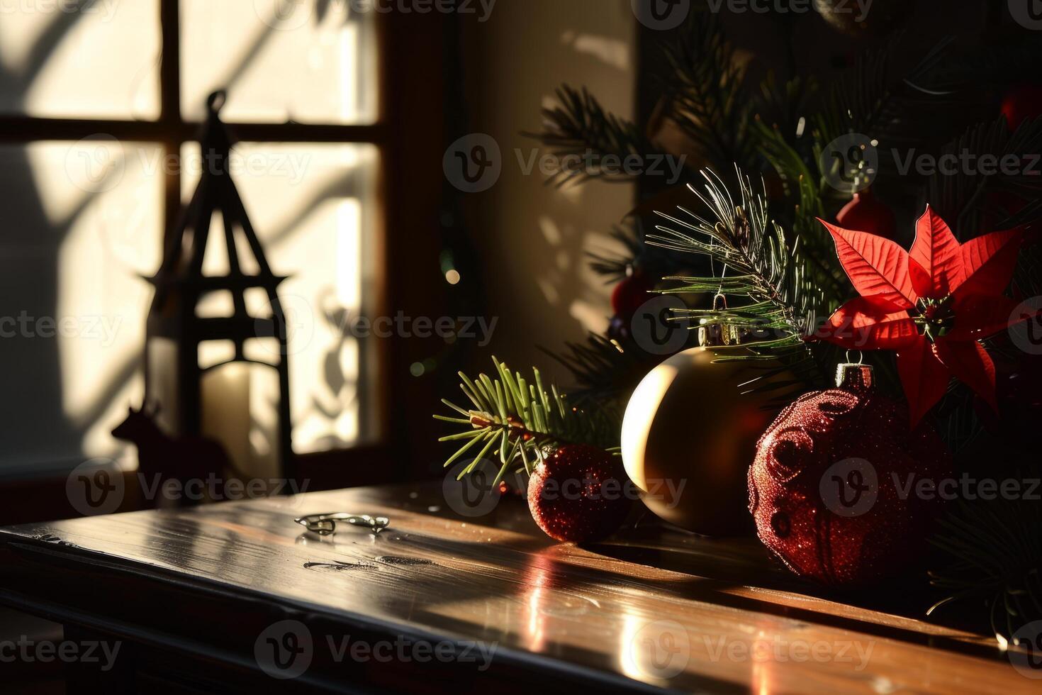A table with a candle, a potted plant, and a Christmas tree photo