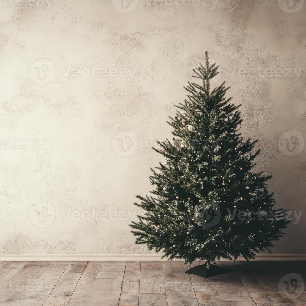 Minimalist Christmas Tree in Rustic Room with Wooden Floor photo