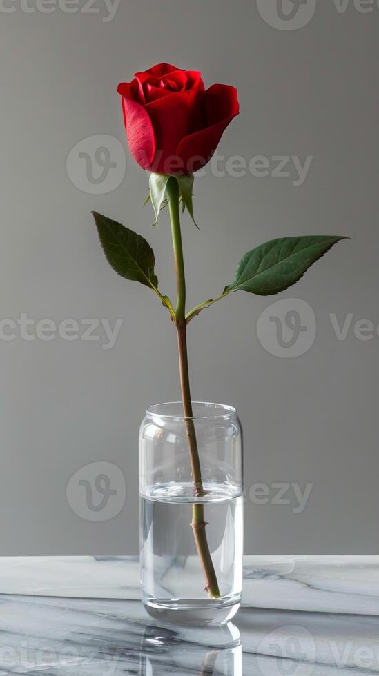 A single red rose is in a clear vase with water photo