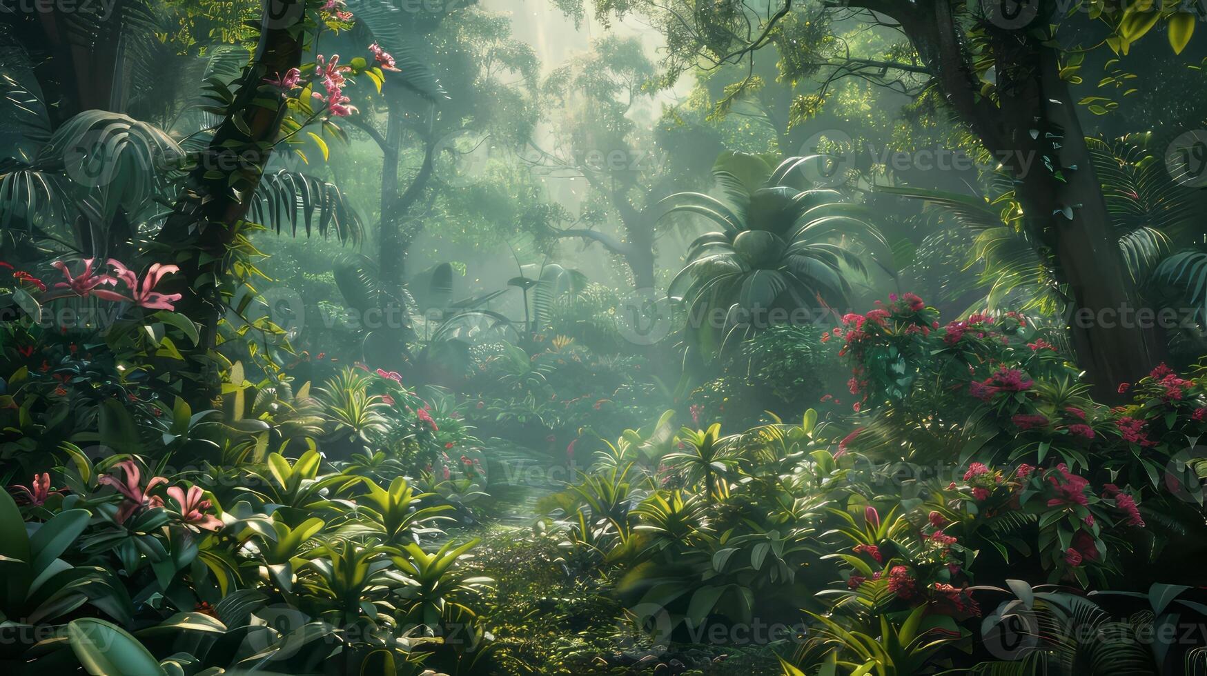 Dense rainforest with diverse flora. photo