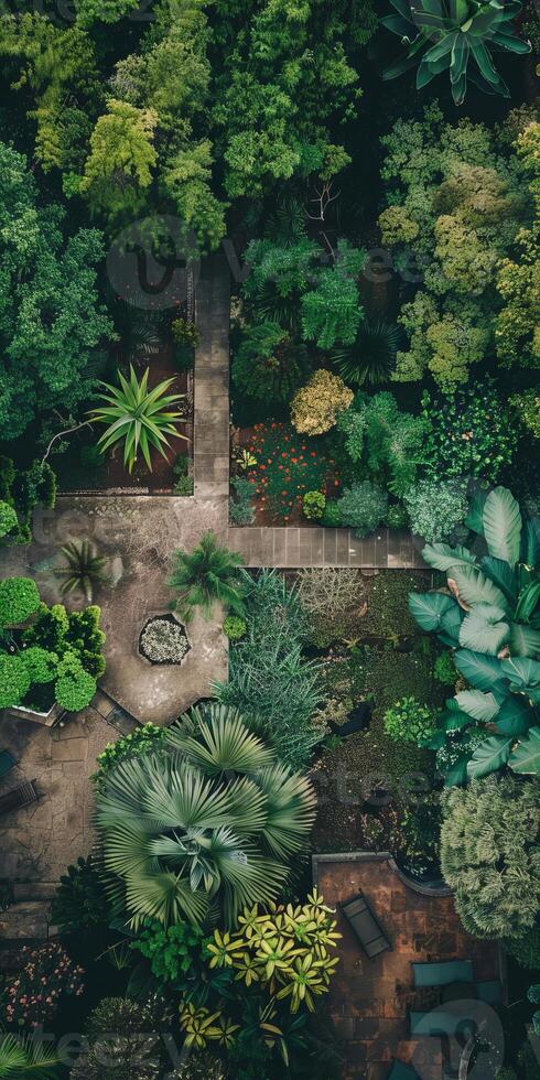 Aerial View of Lush Green Garden with Pathways and Diverse Plant Life photo