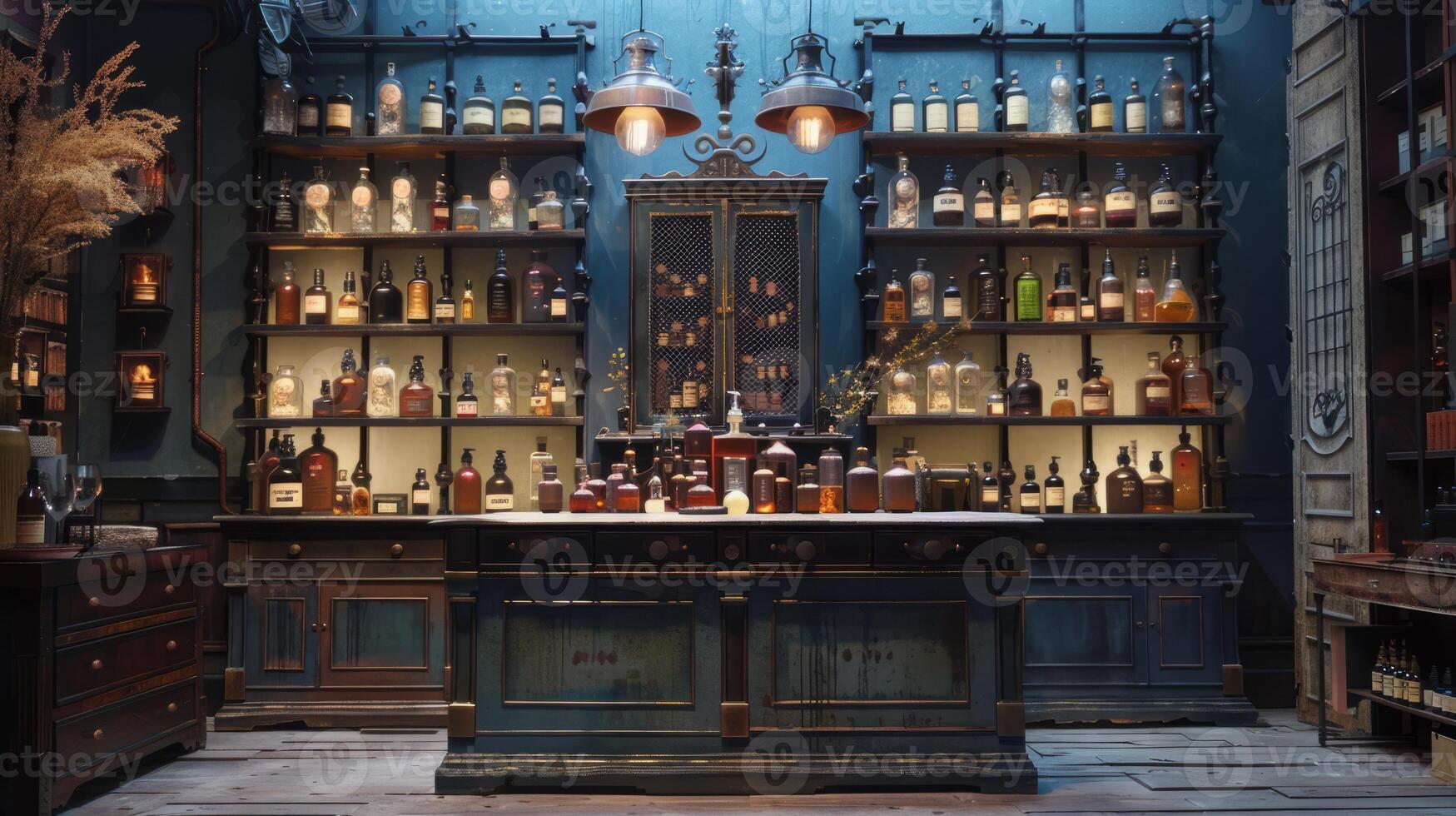 Vintage Apothecary Shop Interior with Wooden Shelves and Bottles photo