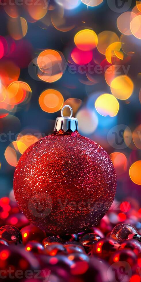 A red ornament with a silver chain is on a table photo